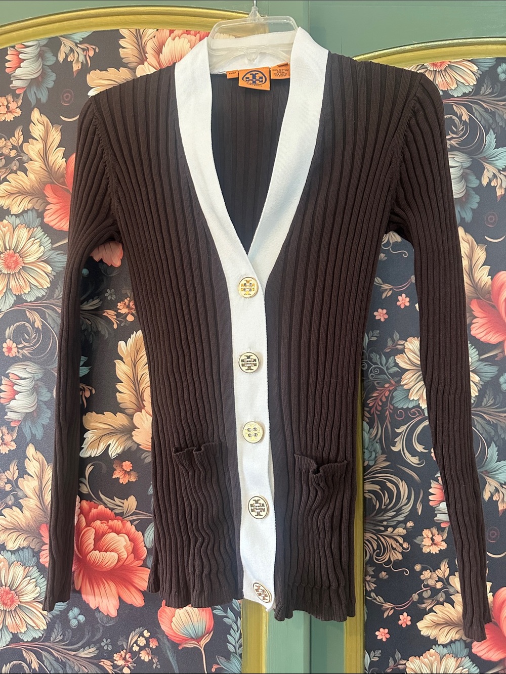 Tory Burch Brown Ribbed Cardigan with White Trim and Logo Buttons